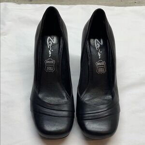 Zeria Black Genuine Leather Square‎ Toe Stacked Heel Pumps Shoes Women Size 7